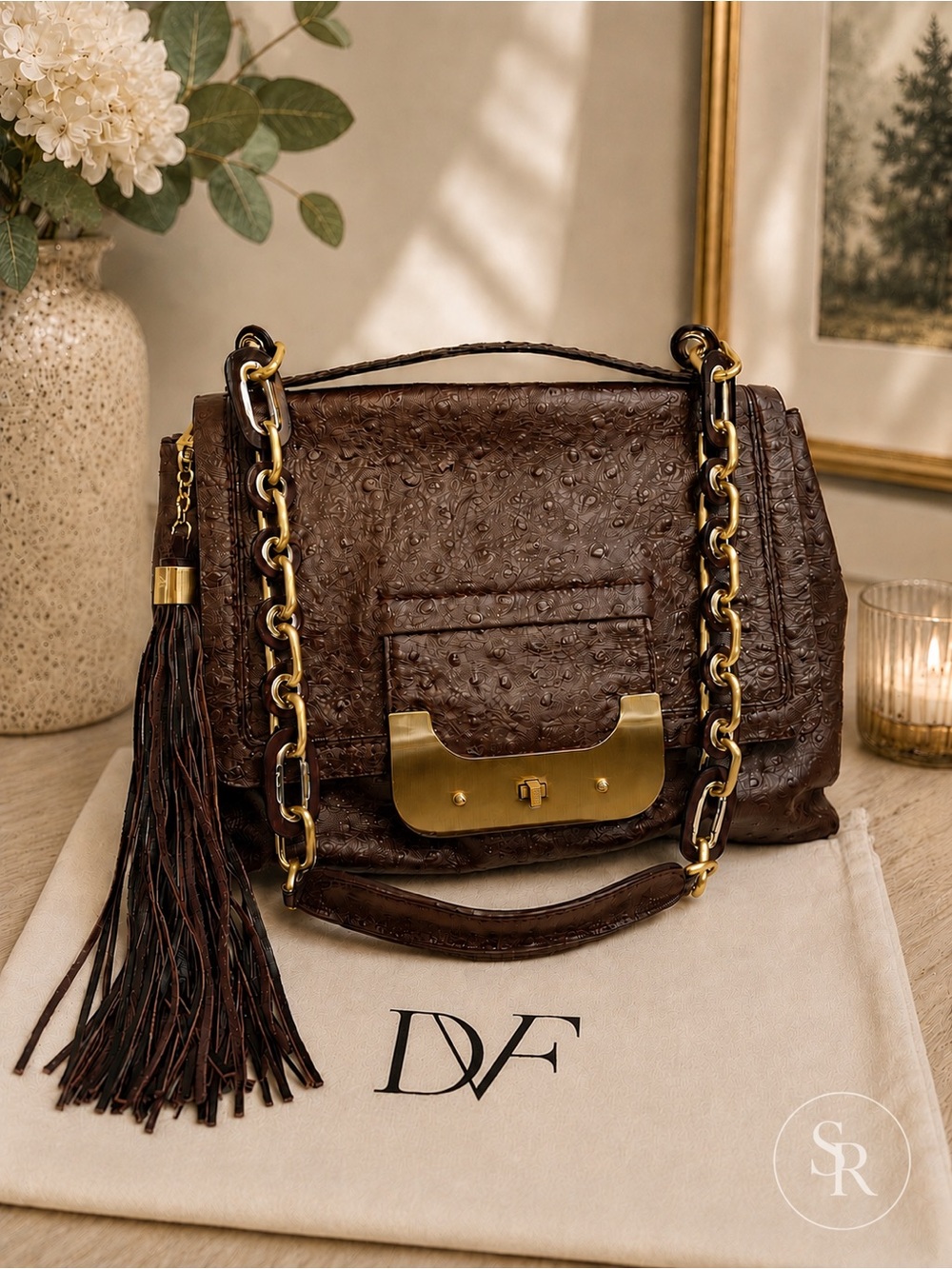 Diane Von Furstenberg DVF Harper Brown Ostrich Leather Shoulder Bag with Tassel